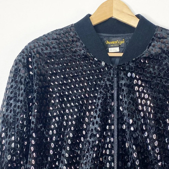 Vintage Monaliza Black Velvet Sequins Embellished Bomber Jacket XL Disco Rock - Picture 2 of 9